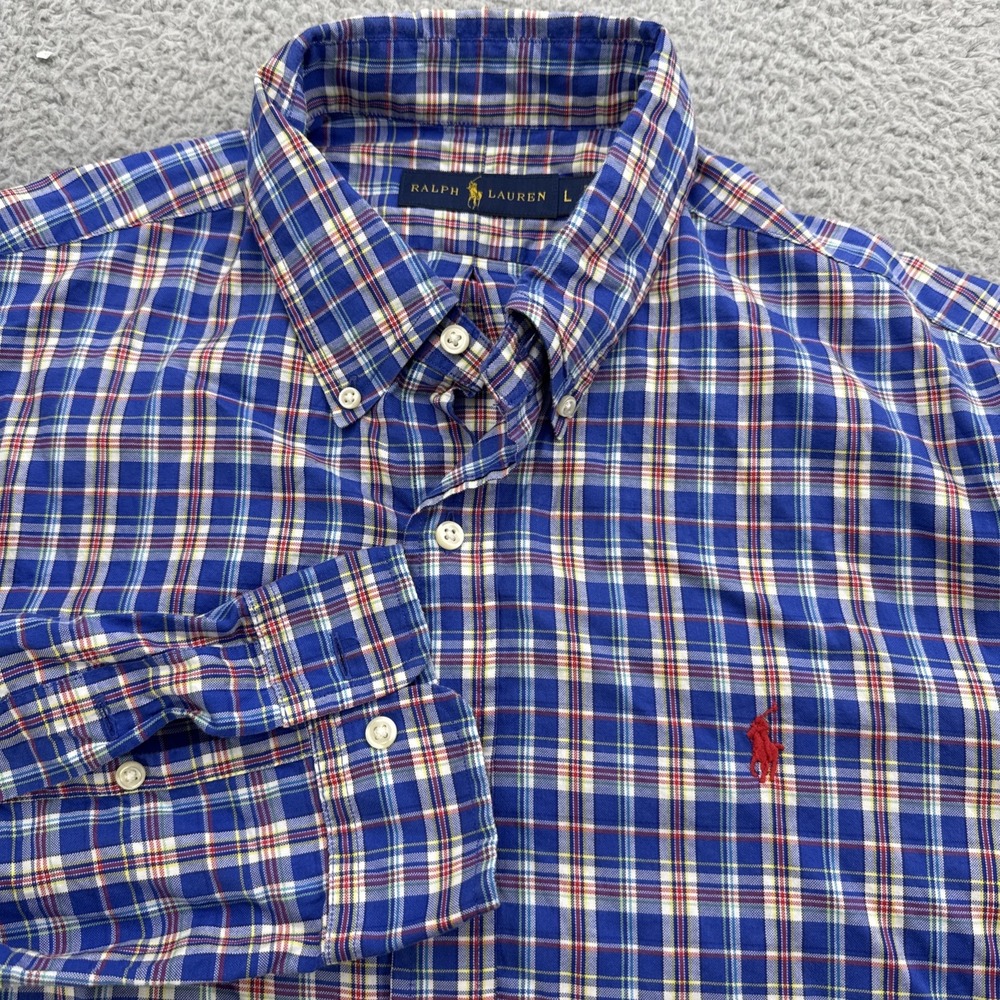 Polo Ralph Lauren Dress Shirt Mens Large Blue Plaid Cotton Button Up Casual